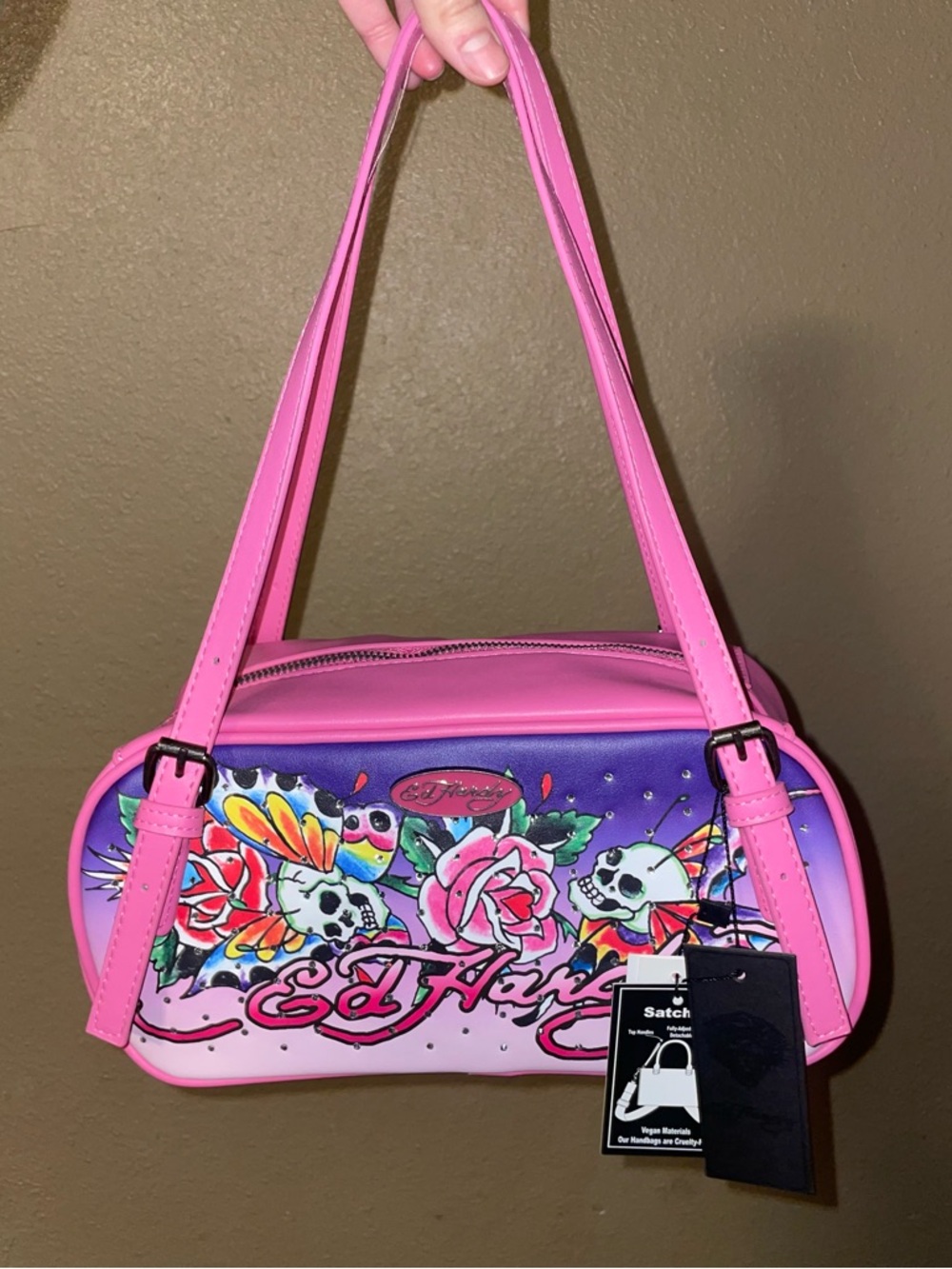 Ed Hardy Pink Roses Skulls Rhinestones Purse y2k Colorful Fairy Goth Bowler Bag